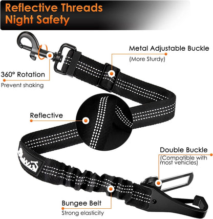 SlowTon Dog Seat Belt, Adjustable Dog Safety Belt Leash, 2 in 1 Latch Bar Attachment Dogs Car Seatbelt with Elastic Nylon Bungee Buffer, Reflective Nylon Belt Tether Connect to Dog Harness(B,35.5in)