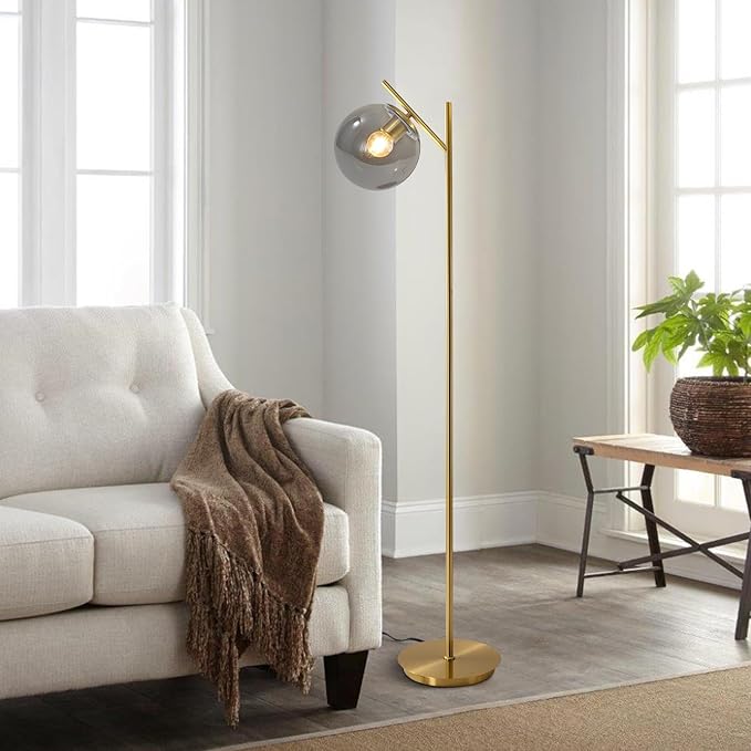 Farmhouse Floor Lamp Retro Smoky Gray Glass Standing Tall Lamps Vintage Brass Freestanding Floor Lamps Adjustable Globe Floor Lamp for Office Bedroom