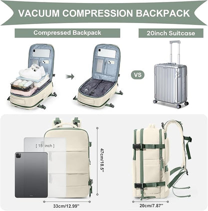 coowoz Vacuum Backpack Travel with Pump,Travel Backpack with Vacuum System For Women Men,Carry On Backpack,Hiking Backpack Waterproof Outdoor Sports Rucksack Casual Daypack,30L(Vacuum pump)White Green