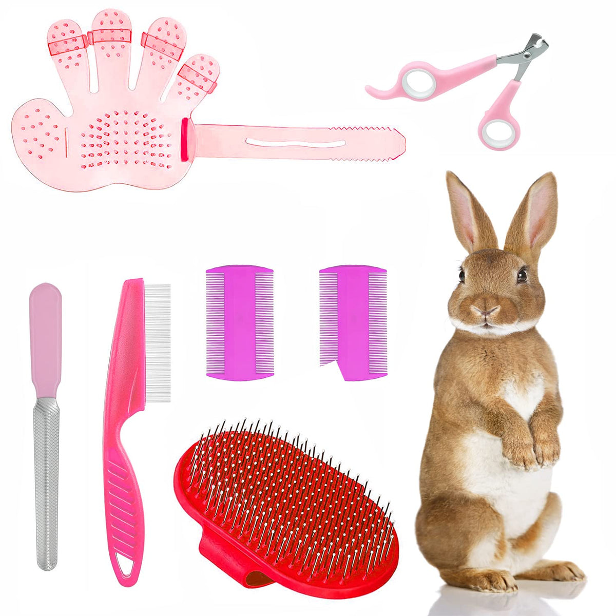 7-Piece Small Pet Grooming Kit: Brush, Nail Clippers, Hair Remover, Shampoo Brush with Hand Strap for Rabbits, Hamsters, Bunnies