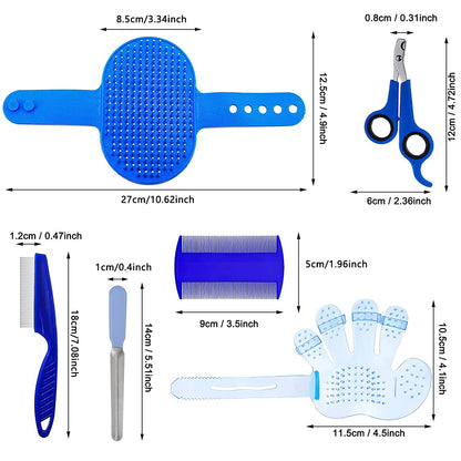 7-Piece Small Pet Grooming Kit with Brush, Nail Clippers, and Adjustable Strap for Rabbits, Hamsters, Guinea Pigs (Blue)