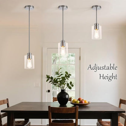MAYNA 1-Pack Brushed Nickel Ceiling Light Fixture, Simple Silver Mini Pendant with Bulb, Adjustable Rods Contemporary Hanging Lamp for Foyer, Corridor, Sink