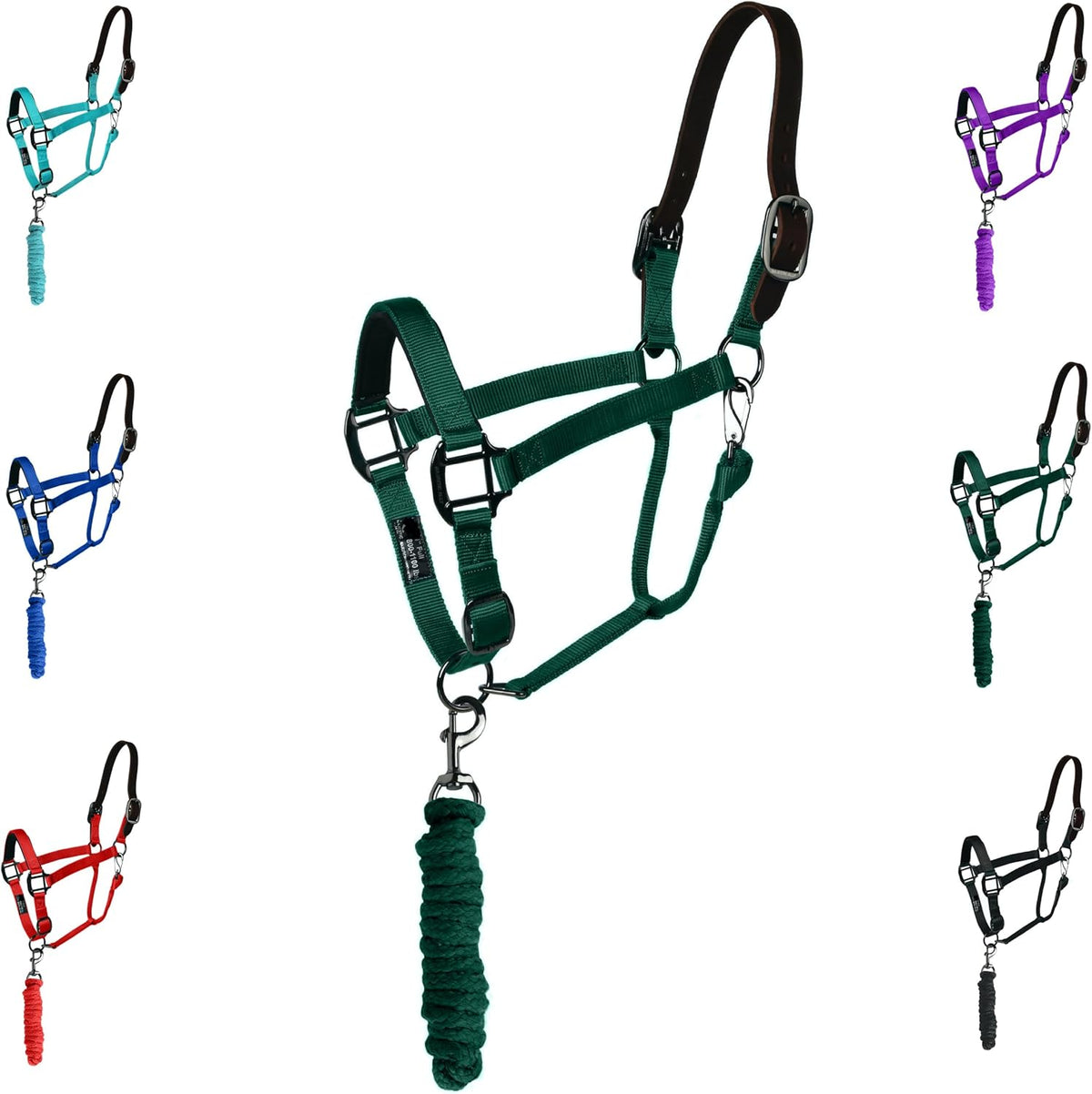 Majestic Ally Leather Halter with Matching Lead Rope for Horses – Leather Breakaway Crown - Adjustable Chin Strap – Rolled Throat Latch – Padded Noseband – Full (Hunter Green, Full)