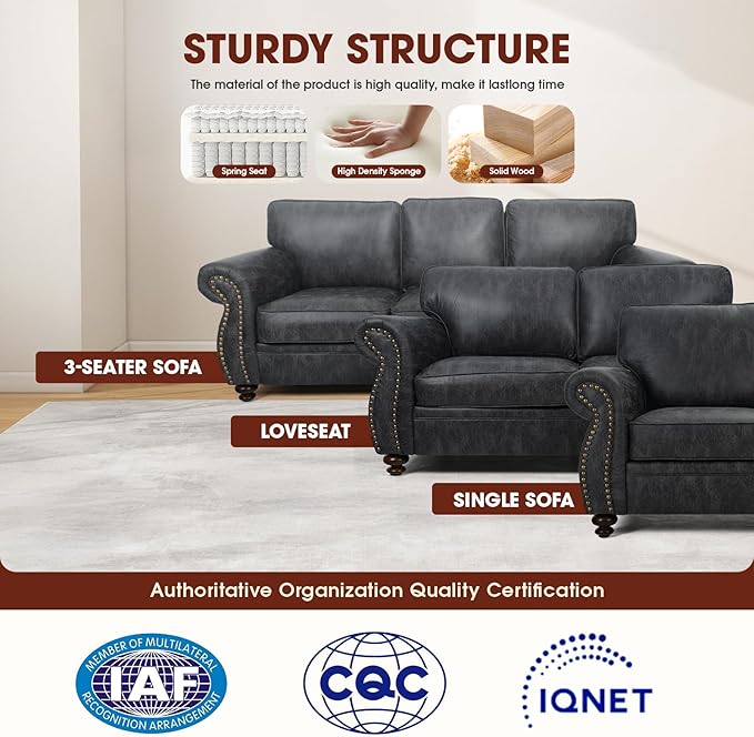 Couchus Living Room Furniture Sets,Mid-Century Vintage Sofa Couches with Rivet Design (Grey, Single+Loveseat)