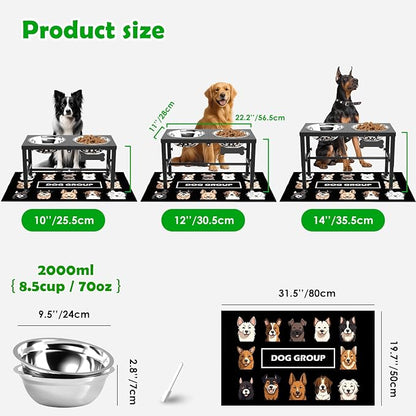 SHAINFUN Elevated Dog Bowls with Mat for Large & XLarge Dogs, Adjustable Height Raised Dog Bowl Stand with Two 68oz Bowls, Dogs Food Water Bowl Holder