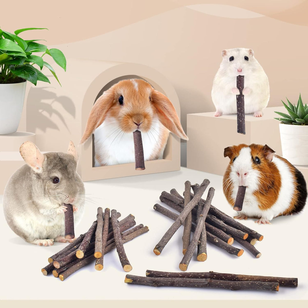 Bissap 120g/4.2oz Apple Sticks for Rabbits, Natural Bunny Chew Toys and Treats for Chinchilla Guinea Pig Hamster Gerbil Small Animals Pet Apple Wood Stick Toys Teeth Grinding
