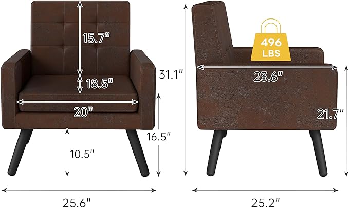 Kromax Mid-Century Modern Accent Chair for Living Room, 496 Lb. Weight Capacity, Dual Armrests, Comfy Extra Large Seat, Timeless Style Perfect for Reading & Relaxing, Bronze