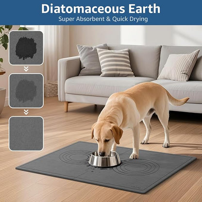 Yolife Extra Large Dog Water Bowl Mat, Fast Water Absorbing Stone Pet Feeding Mat for Messy Drinkers, Stone Drying Mat for Dogs Food and Water Bowls, Dog Cat Food Mats for Floors(31.5” x 19.7”, Grey)