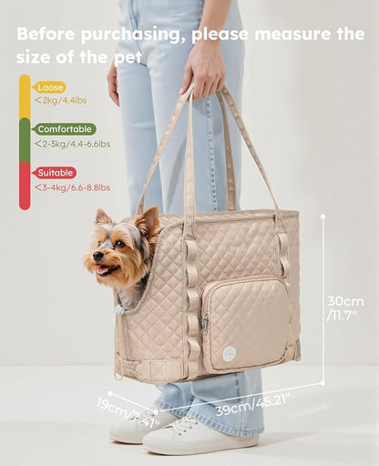 Pecute Dog Purse Carrier, Dog Carrier with Pockets for Small Dogs, Fits Dogs 5 lbs to 9 lbs, Cat and Puppies Tote Bag, Outing, Travel, Vet, Khaki | Breathable,Foldable,Large Pocket,Built-in safety Rope,Machine washable,Under 9 Lbs