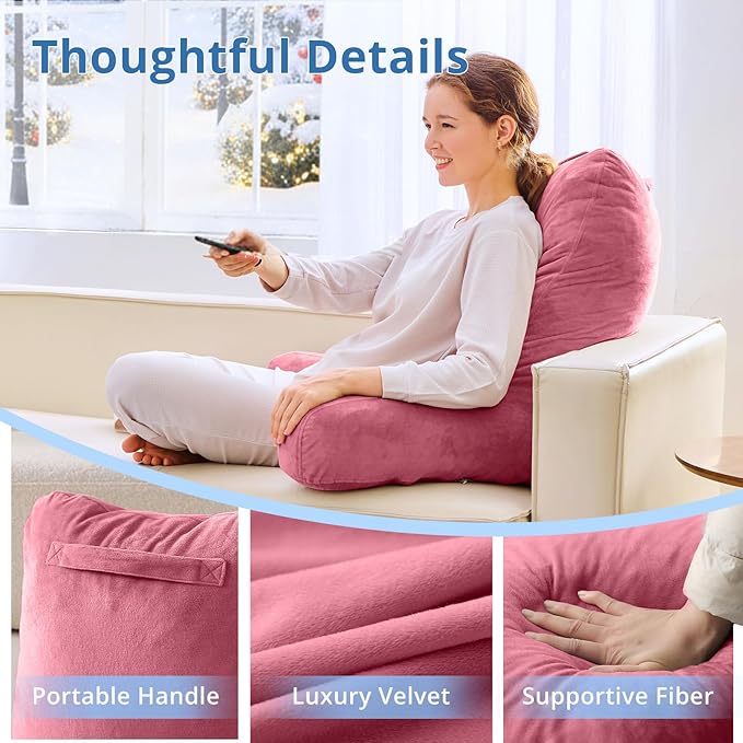Sasttie 25-inch Reading Pillows for Sitting in Bed Adult, Jumbo Velvet Back Pillow Bed Sitting Up, XL High Back-Rest Support Cushion for Sit Up on Couch & Floor, Oeko-Tex Certified, Rose Pink