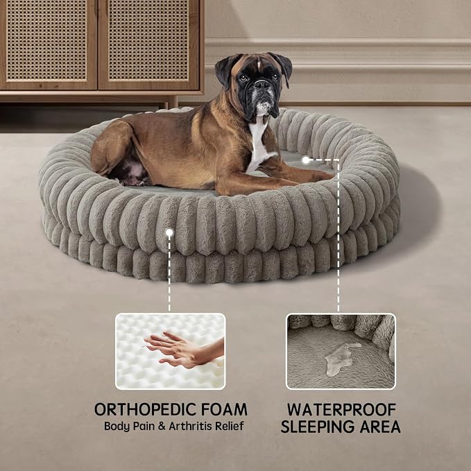 BALANCE Luxury Donut Dog Bed, 43 Inches Round Dog Beds Large Sized Dogs Washable, Orthopedic Calming Dogs Bed for Pets with Anti-Slip Bottom, Oatmeal