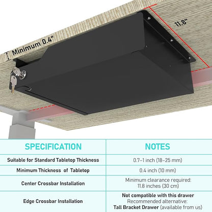 Under Desk Drawer Storage with Lock, Metal Undermount Table Drawer, Ball