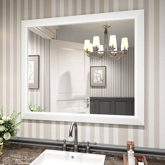 Amorho Bathroom Mirror, 40x36 Inch White Thick Metal Framed Wall Mirrors