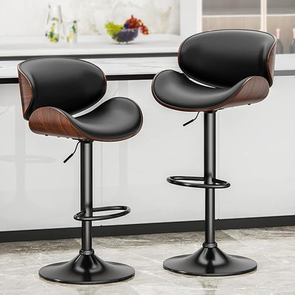 Aowos Bar Stools, Adjustable Swivel Barstools for Kitchen Island, Mid Century Modern Leather Counter Height Bar Chairs with Back & Footrest (Black 1PCS)