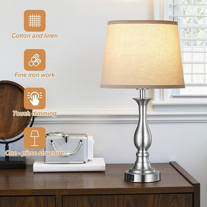 Bedside Table Lamp Touch Control Bedroom Lamps with USB A and C Charging Port 3 Way Dimmable Touch Lamps for Nightstand Living Room Bedroom Dorm Home Office Reading, Set of 2