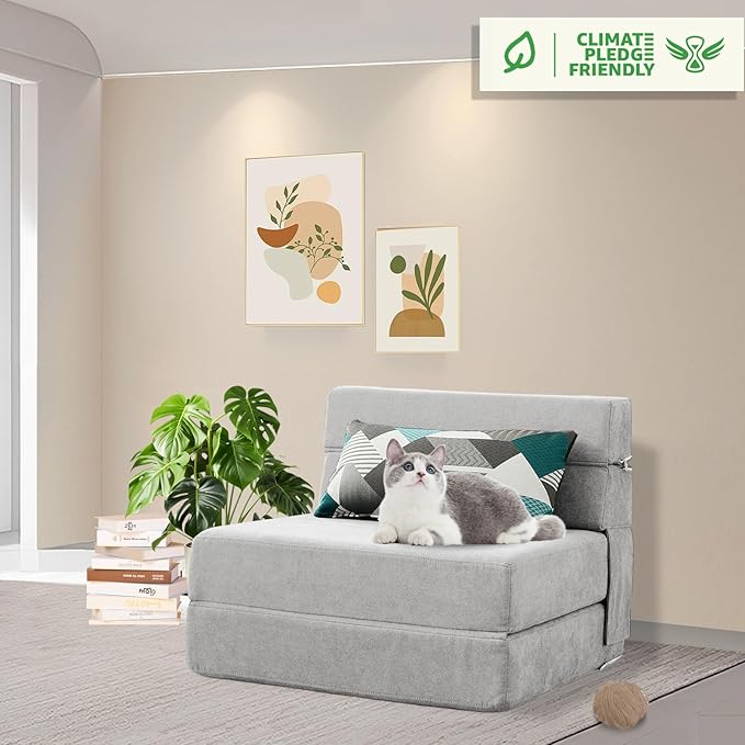 ANONER Folding Sofa Bed Couch Memory Foam Fold Out Chair Bed with Pillow, Single Size Convertible Sofa Bed Futon Sleeper Chair, Light Gray