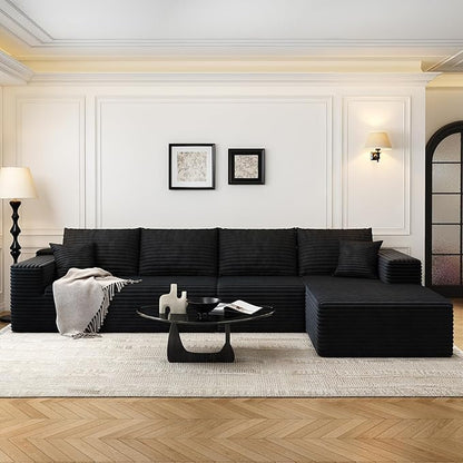 135.4" Cloud Modular Sectional Sofa Couch with L-Shape Chaise,Modern Minimalist Upholstered Couches for Living Room Bedroom,Deep Seat Corner Couch，No Assembly Required (Black,Right Facing Chaise)