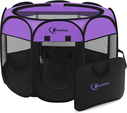 Siedihit Dog Playpen, Puppy Pet Playpen, Dog Crate Tent Cage Indoor | Outdoor, Portable Pop Up Dogs Kennel Playpen with Carrying Case for Dogs/Cats/Rabbits, Purple, Medium