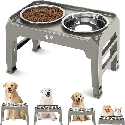 Elevated Bowls, 4 Height Adjustable Raised Stand With 2 Thick 50oz Stainless Steel Food Bowls, Non-Slip Feeder for Dogs, Adjusts to 3.7", 9.2", 10.75", 12.36" Light Brownish Gray