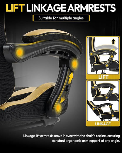 Gaming Chair with Footrest, Ergonomic 330lbs Leather Mesh Chair, Massage Lumbar Support,Adjustable Height & Headrest,Breathable Seat for Office, Home, Streaming, Long Gaming Sessions, Black and Golden