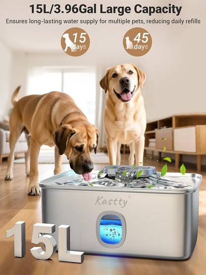 Kastty 4 Gal/15L Stainless Steel Dog Water Fountain for Large Dogs | Dog Water Bowl Dispenser Triple Filtration,Ultra Quiet Automatic Pet Water Fountain with Water Level Window&LED Light(FS76)
