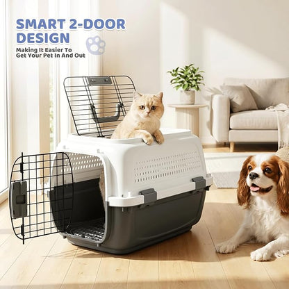 Magshion 22 Inch Hard-Sided Dog Cat Carrier, Grey | Top&Front Door Access, Plastic Dog Kennel for Traveling, Durable Handle, Ventilation, Detachable Pet Bowl, For Pet Up 26 lbs