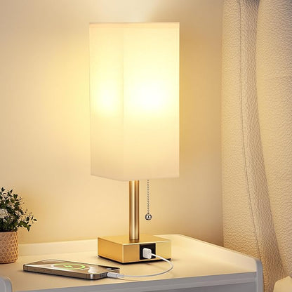 aooshine White Small Table Lamp for Bedroom - 3 Color Temperature 3000K 5000K 4000K Bedside Lamp, Pull Chain Control, USB A and C Ports, Pure Gold Color Base, Bulb Included