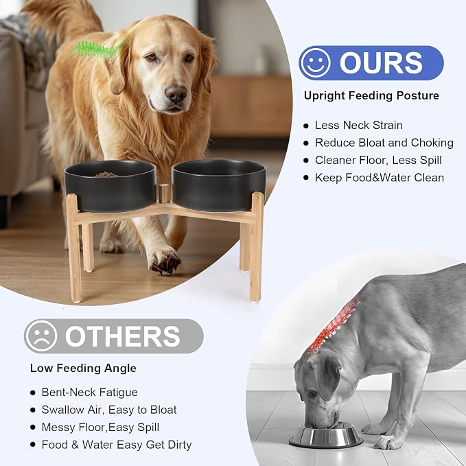 SPUNKYJUNKY Elevated Dog Bowls Ceramic, 8.3'' Dogs Food Water Bowls Raised with Non-Slip Bamboo Stand for Large Sized Breed Microwave Dishwasher Safe - 60 OZ,Black