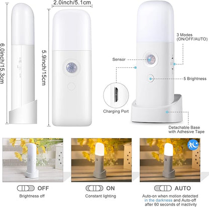 Motion Sensor Night Lights Indoor, Rechargeable Night Light Battery Powered, Portable Nightlight with Adjustable Brightness Activated Table Lamp for Kids, Adults(Warm Light, 4 Pack)
