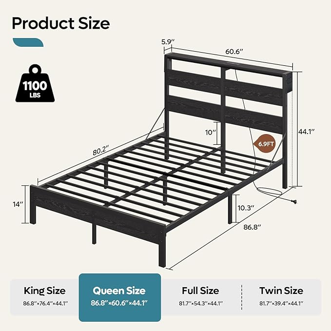 Bestier Queen Bed Frame with Headboard Storage and Charging Station, Black Platform Bed Frame with LED Light, Non-Slip Metal Bed Frame Queen Size, Noise-Free, Easy Assembly, Black