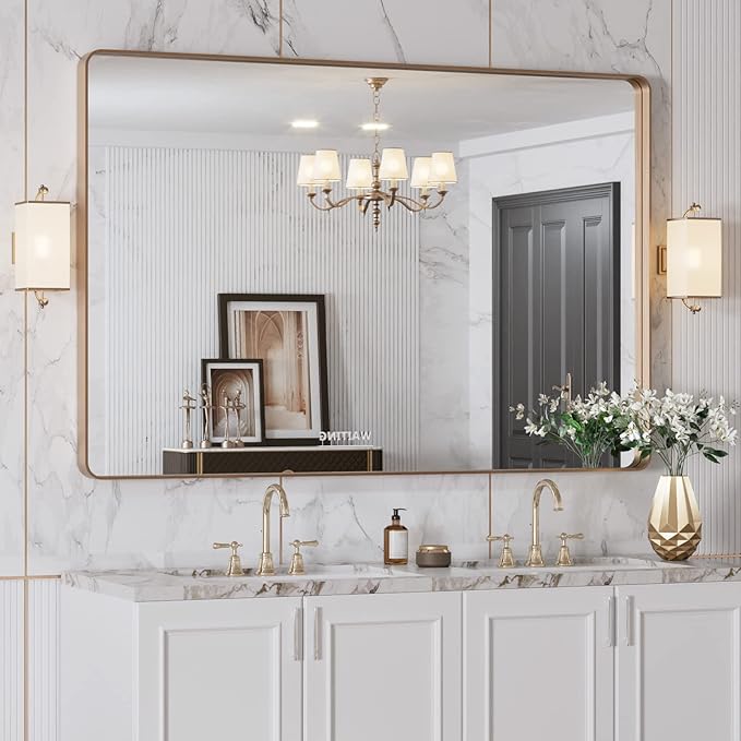 LOAAO 48”X32” Gold Bathroom Mirror, Rounded Rectangle Gold Frame Mirror