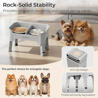 URPOWER Mess Proof Elevated Dog Bowls 4 Height Adjustable Raised Bowl Stand with 2 Stainless Steel Dog Bowls Non-Slip Food and Water Bowl Set for Small Dogs, Light Grey