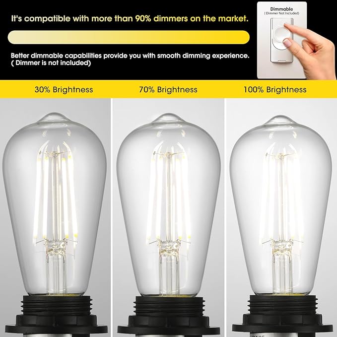 Vintage LED Edison Bulbs, 6W, Equivalent 60W, High Brightness Cool White 4000K, ST58 Antique LED Filament Bulbs with 90+ CRI, E26 Medium Base, Dimmable, Clear Glass, Pack of 6