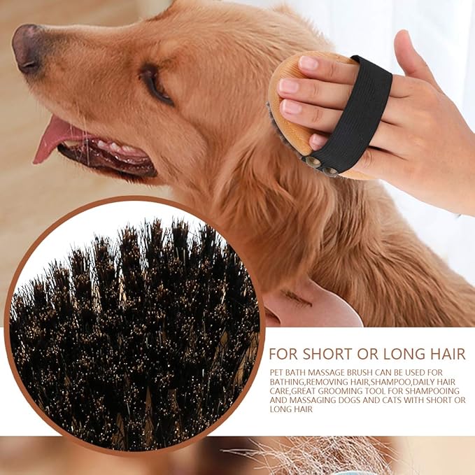 Bamboo Grooming Palm-Held Pets Brush with Boar Bristles & Elastic Band for Dog Cat Shower Bath and Massage
