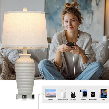 25" Vintage Farmhouse Jar Table Lamps, Single Rustic Bedside Lamp with USB A+C Ports & AC Outlet, Nightstand Lamps for Living Room, Bedroom, End Table, Cream(LED Bulb Included)