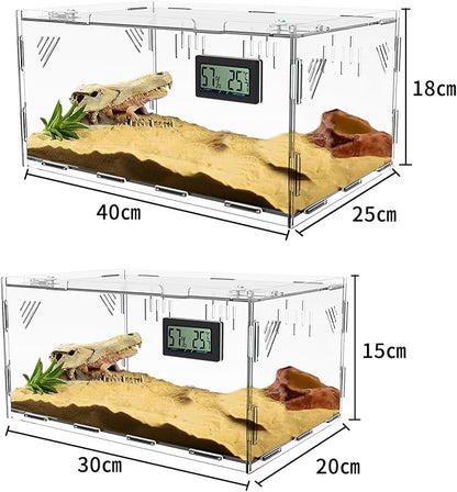 Acrylic Reptile Breeding Box Terrarium Cage Tank, 11.8"x7.9"x5.9", with Temperature Hygrometer, for Small Reptiles, Snakes, Insects, Home Office