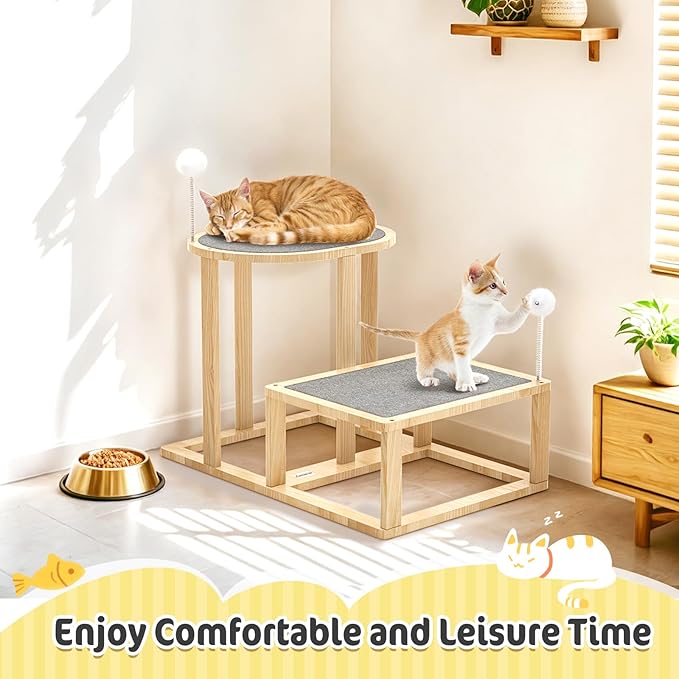 Pawaboo Cat Beds and Stairs, 2-Step Kitten Scratcher Hammock Bed with Cat Teasers & Hanging Ball, Wooden Kitties Hammock Staircase for High Beds Couch,Stair Shaped Cats Bed for Indoor Climbing Playing