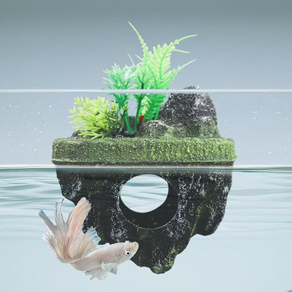 Floating Island Fish Tank Decorations – Aquarium Decor with Hideout Tunnel, Betta Fish and Shrimp Cave, PVC Aquarium Accessory with Artificial Plants