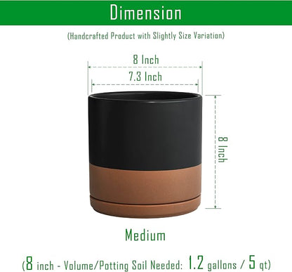 D'vine Dev Set of 2 Plants Pots, 8 Inch Ceramic Planter Pot for Plants with Drainage Hole and Saucer, Black/Speckled Tan, 94-V-D-7