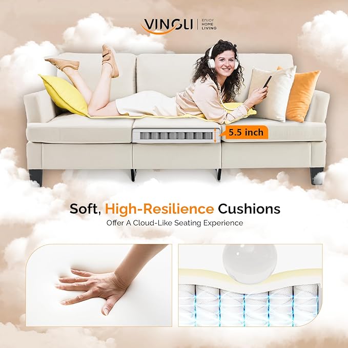 VINGLI White 83" Sofa Couches for Living Room, Faux Suede Modern Comfy 3 Seater Couch 25.6" Deep Seat Upholstery Cozy Sofas for Small Space, Bedroom, Apartment, Home Office