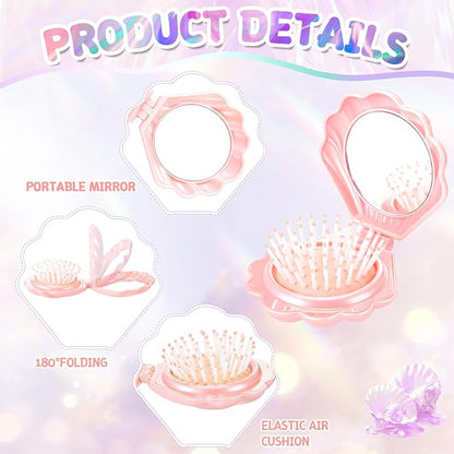 LemonRoad 24 Sets Mermaid Party Favors Shell Hair Brush with Mirror Card, Foldable Mini Travel Compact Hair Brush for Women Birthday, Bachelorette, Under The Sea, Beach Party Gifts(Pink)