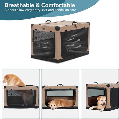 PETSFIT 36" Soft Portable Dog Crate – Patented Spiral Sturdy Frame, Collapsible Travel Kennel for Medium & Large Dogs, 3 Mesh Door, Lockable Zippers, Indoor & Car Use Khaki