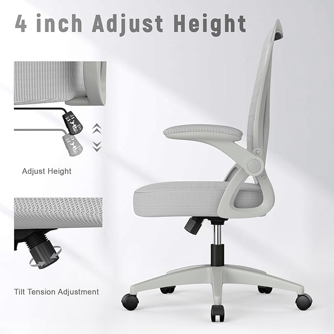 naspaluro Ergonomic Office Chair, Mid Back Desk Chairs with Adjustable Height, Swivel Chair with Flip-Up Arms and Lumbar Support, Breathable Mesh Computer Chair for Home/Study/Working, Grey