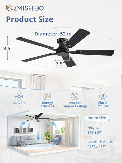 ZMISHIBO 52 Inch Ceiling Fan No Light, Flush Mount Low Profile, Modern Black