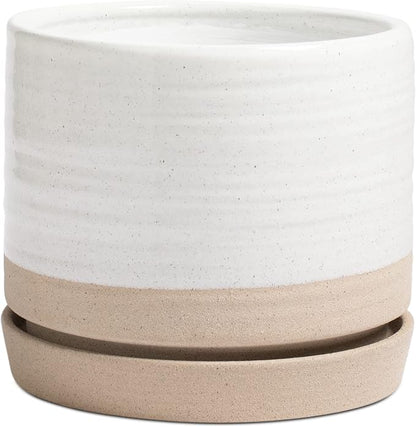 HERDUK 8 Inch Pots for Plants, Ceramic Planter Pot with Drainage Hole & Saucer, Indoor or Outdoor Cylinder Round Planter Pot, Matte White & Beige
