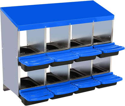 Chicken Nesting Boxes, 8 Hole Metal Chicken Laying Box with with Removable Trays and Roll Out Egg Collection for Chicken Coop, Blue
