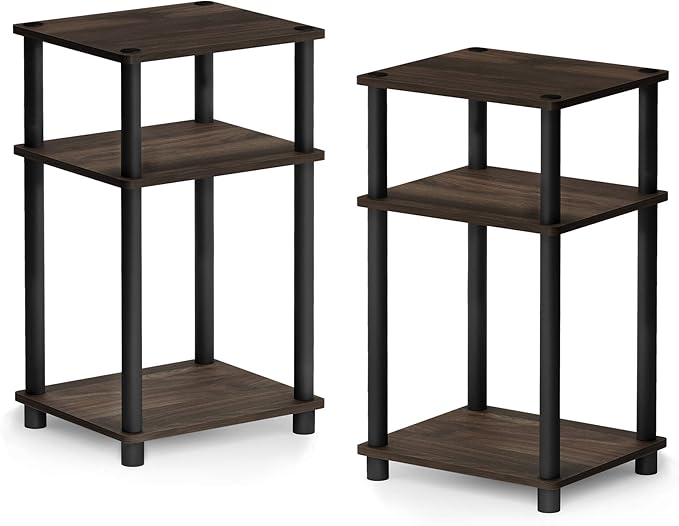 Furinno Just 3-Tier Turn-N-Tube End Table / Side Table / Night Stand / Bedside Table with Plastic Poles, 2-Pack, Columbia Walnut/Black
