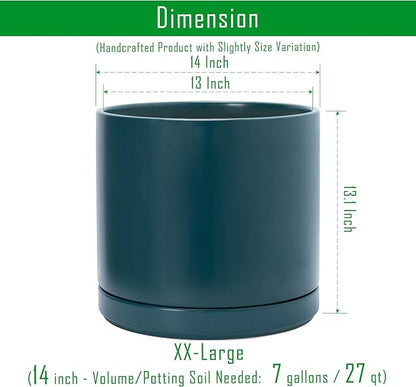 D'vine Dev 14 Inch Ceramic Planter Pot with Drainage Hole and Saucer, Indoor Cylinder Round Planter Pot, Teal, 94-O-G-9