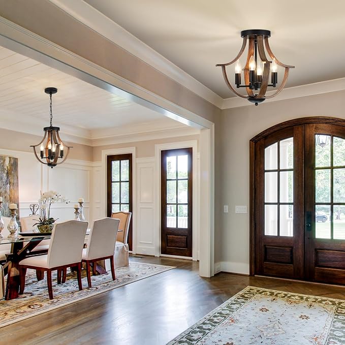 Farmhouse Hanging Pendant Lighting, 4-Light Rustic Flush Mount Ceiling Light Fixture,Modern Faux Wood Vintage Chandelier for Dining Room Kitchen Island Foyer Hallway Entryway Bedroom