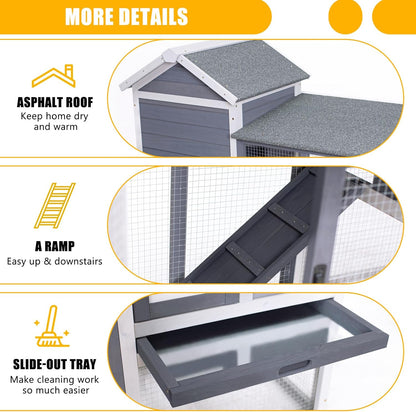 GEGURI Large Rabbit Hutch Indoor Outdoor Chicken Coop Wooden Bunny Cage with Waterproof Roof (48''L x 24''W x 36''H Grey)